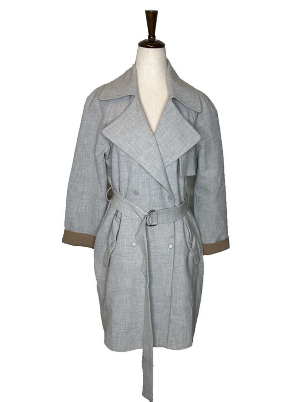 Topshop Double Breasted Trench Coat Womens 4 Gray Belted Soft Pockets Mid Length